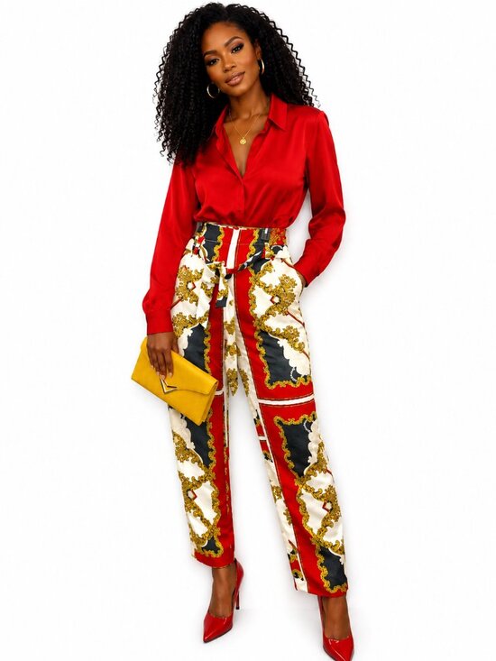 New York & Company Pants - New York & Company Red and Gold Patterned Trousers